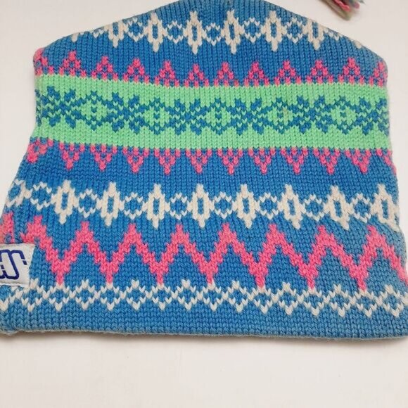 Retro 80's MURRAY MERKLEY 100% Wool Intarsia Geo Pattern Knit Beanie Hat Pom-Pom - Picture 4 of 16